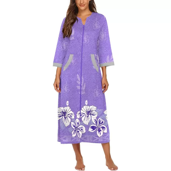 Ekouaer Women Zipper Robe 34 Sleeves Loungewear Dress Full Length Sleepwear Pockets Housecoat Nightgown Long BathrobePurple Flower