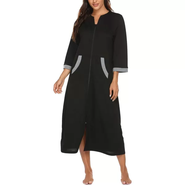 Ekouaer Women Zipper Robe 34 Sleeves Loungewear Dress Full Length Sleepwear Pockets Housecoat Nightgown Long BathrobeStyle 1black