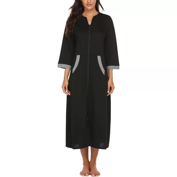 Ekouaer Women Zipper Robe 34 Sleeves Loungewear Dress Full Length Sleepwear Pockets Housecoat Nightgown Long BathrobeStyle 1black