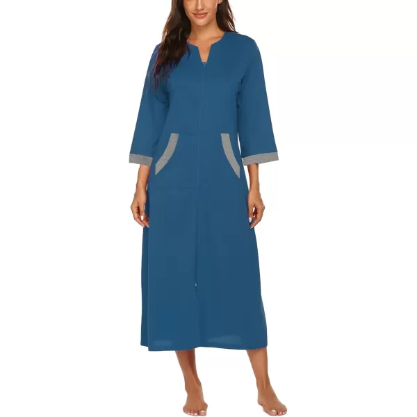 Ekouaer Women Zipper Robe 34 Sleeves Loungewear Dress Full Length Sleepwear Pockets Housecoat Nightgown Long BathrobeStyle 1blue