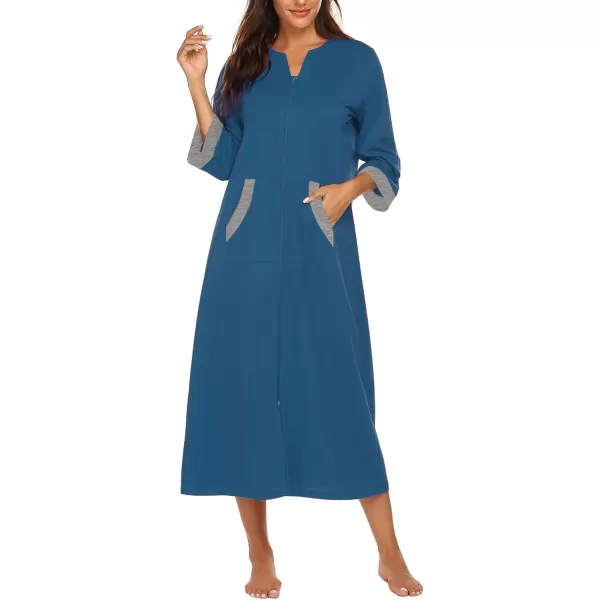 Ekouaer Women Zipper Robe 34 Sleeves Loungewear Dress Full Length Sleepwear Pockets Housecoat Nightgown Long BathrobeStyle 1blue