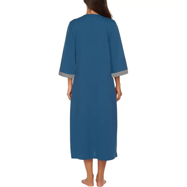 Ekouaer Women Zipper Robe 34 Sleeves Loungewear Dress Full Length Sleepwear Pockets Housecoat Nightgown Long BathrobeStyle 1blue