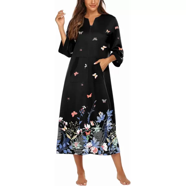 Ekouaer Women Zipper Robe 34 Sleeves Loungewear Dress Full Length Sleepwear Pockets Housecoat Nightgown Long BathrobeStyle 1butterfly Floral