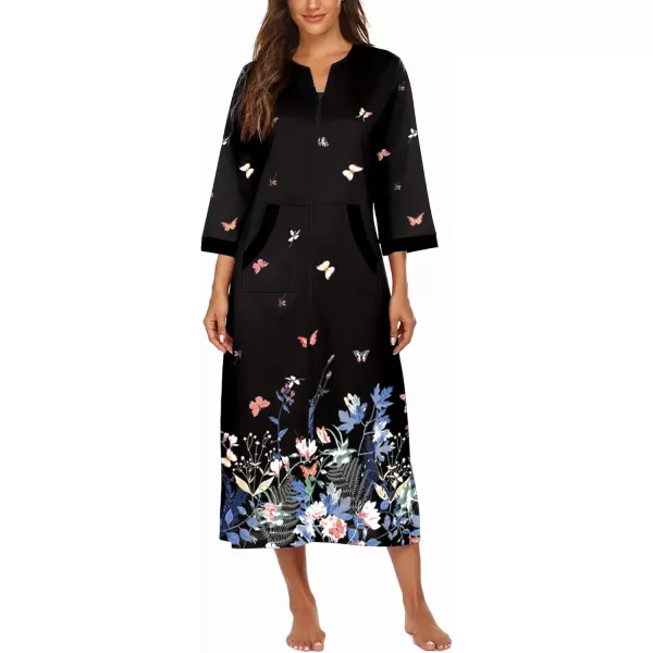 Ekouaer Women Zipper Robe 34 Sleeves Loungewear Dress Full Length Sleepwear Pockets Housecoat Nightgown Long BathrobeStyle 1butterfly Floral