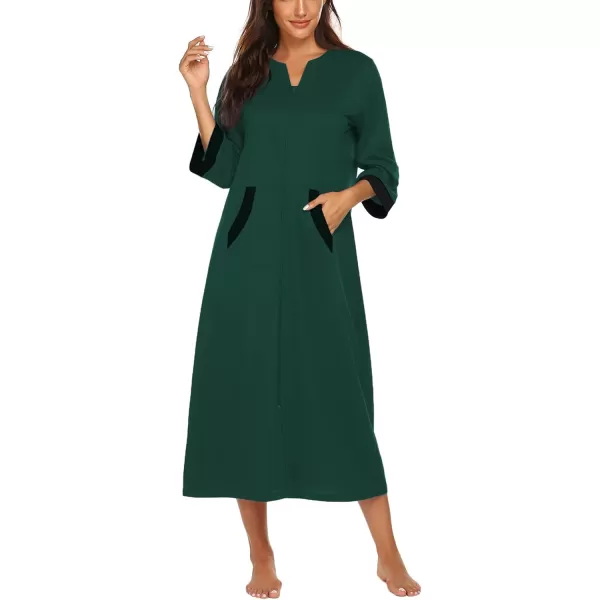 Ekouaer Women Zipper Robe 34 Sleeves Loungewear Dress Full Length Sleepwear Pockets Housecoat Nightgown Long BathrobeStyle 1dark Green