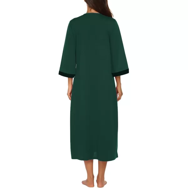 Ekouaer Women Zipper Robe 34 Sleeves Loungewear Dress Full Length Sleepwear Pockets Housecoat Nightgown Long BathrobeStyle 1dark Green