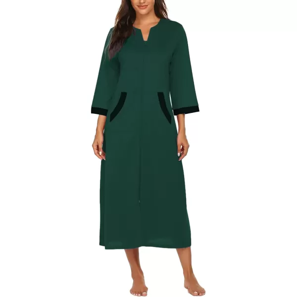 Ekouaer Women Zipper Robe 34 Sleeves Loungewear Dress Full Length Sleepwear Pockets Housecoat Nightgown Long BathrobeStyle 1dark Green