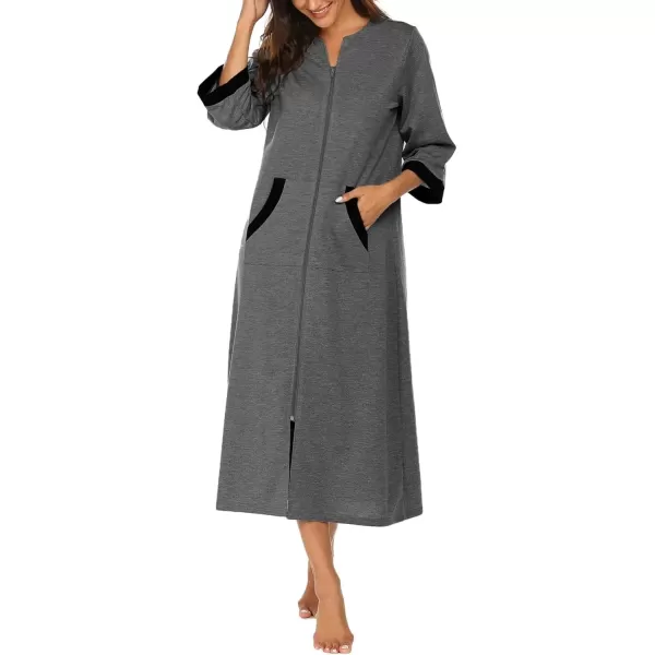 Ekouaer Women Zipper Robe 34 Sleeves Loungewear Dress Full Length Sleepwear Pockets Housecoat Nightgown Long BathrobeStyle 1dark Grey