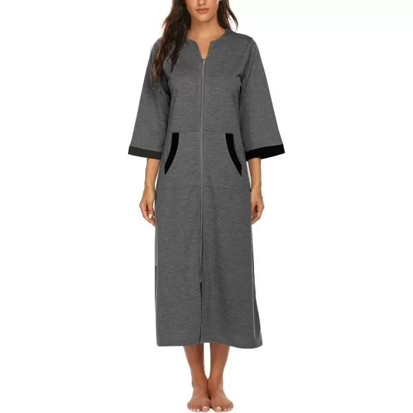 Ekouaer Women Zipper Robe 34 Sleeves Loungewear Dress Full Length Sleepwear Pockets Housecoat Nightgown Long BathrobeStyle 1dark Grey