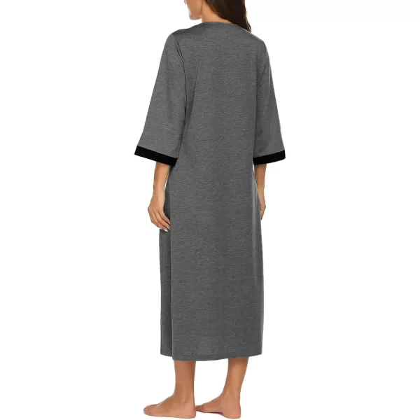 Ekouaer Women Zipper Robe 34 Sleeves Loungewear Dress Full Length Sleepwear Pockets Housecoat Nightgown Long BathrobeStyle 1dark Grey