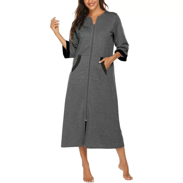 Ekouaer Women Zipper Robe 34 Sleeves Loungewear Dress Full Length Sleepwear Pockets Housecoat Nightgown Long BathrobeStyle 1dark Grey