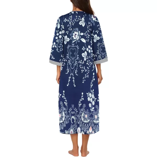 Ekouaer Women Zipper Robe 34 Sleeves Loungewear Dress Full Length Sleepwear Pockets Housecoat Nightgown Long BathrobeStyle 1evening Blue Vines