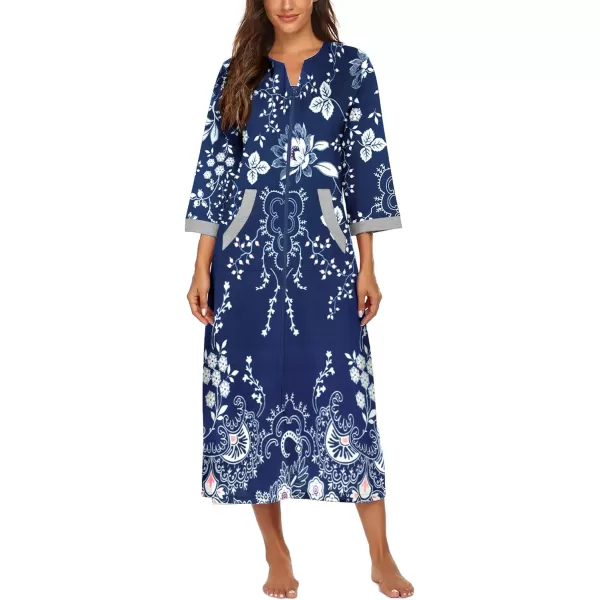 Ekouaer Women Zipper Robe 34 Sleeves Loungewear Dress Full Length Sleepwear Pockets Housecoat Nightgown Long BathrobeStyle 1evening Blue Vines