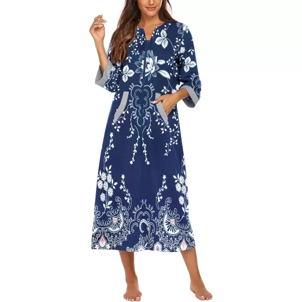 Ekouaer Women Zipper Robe 34 Sleeves Loungewear Dress Full Length Sleepwear Pockets Housecoat Nightgown Long BathrobeStyle 1evening Blue Vines