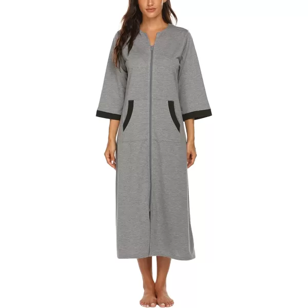 Ekouaer Women Zipper Robe 34 Sleeves Loungewear Dress Full Length Sleepwear Pockets Housecoat Nightgown Long BathrobeStyle 1grey