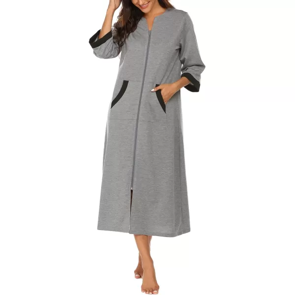 Ekouaer Women Zipper Robe 34 Sleeves Loungewear Dress Full Length Sleepwear Pockets Housecoat Nightgown Long BathrobeStyle 1grey