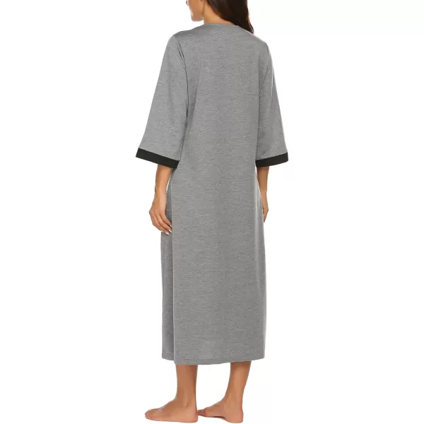 Ekouaer Women Zipper Robe 34 Sleeves Loungewear Dress Full Length Sleepwear Pockets Housecoat Nightgown Long BathrobeStyle 1grey