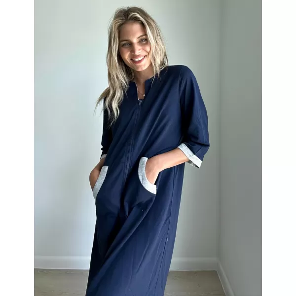 Ekouaer Women Zipper Robe 34 Sleeves Loungewear Dress Full Length Sleepwear Pockets Housecoat Nightgown Long BathrobeStyle 1navy