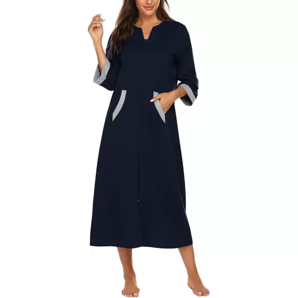 Ekouaer Women Zipper Robe 34 Sleeves Loungewear Dress Full Length Sleepwear Pockets Housecoat Nightgown Long BathrobeStyle 1navy