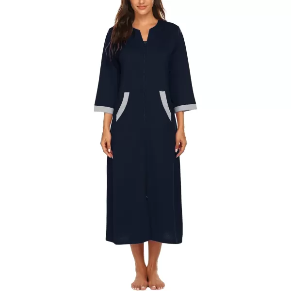 Ekouaer Women Zipper Robe 34 Sleeves Loungewear Dress Full Length Sleepwear Pockets Housecoat Nightgown Long BathrobeStyle 1navy