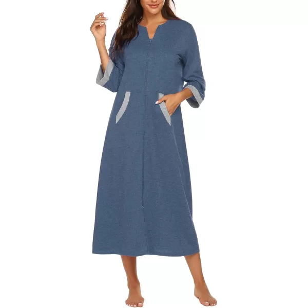 Ekouaer Women Zipper Robe 34 Sleeves Loungewear Dress Full Length Sleepwear Pockets Housecoat Nightgown Long BathrobeStyle 1navy Blue