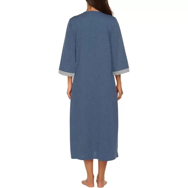 Ekouaer Women Zipper Robe 34 Sleeves Loungewear Dress Full Length Sleepwear Pockets Housecoat Nightgown Long BathrobeStyle 1navy Blue