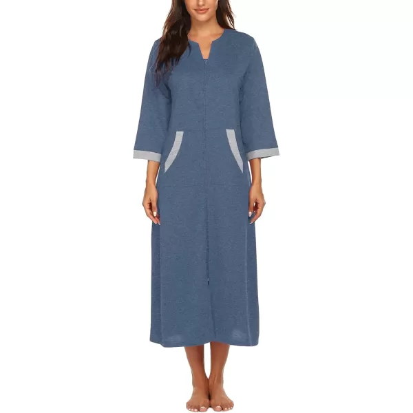 Ekouaer Women Zipper Robe 34 Sleeves Loungewear Dress Full Length Sleepwear Pockets Housecoat Nightgown Long BathrobeStyle 1navy Blue