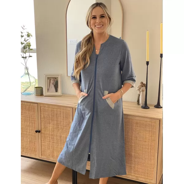 Ekouaer Women Zipper Robe 34 Sleeves Loungewear Dress Full Length Sleepwear Pockets Housecoat Nightgown Long BathrobeStyle 1navy Blue