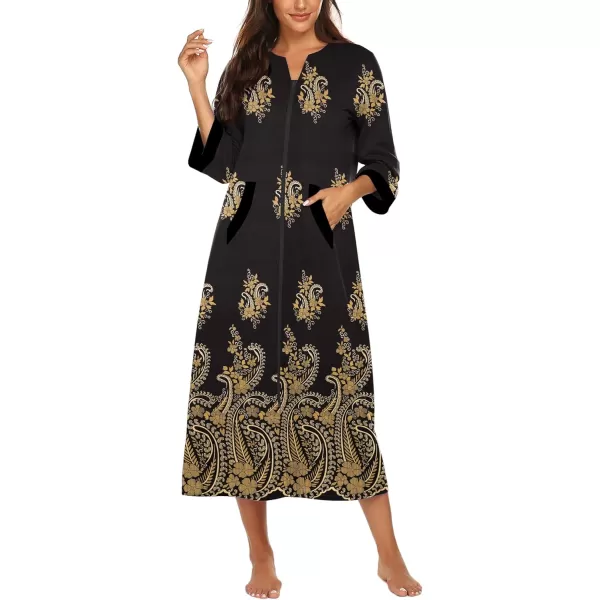 Ekouaer Women Zipper Robe 34 Sleeves Loungewear Dress Full Length Sleepwear Pockets Housecoat Nightgown Long BathrobeStyle 1pat12