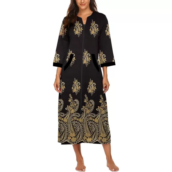 Ekouaer Women Zipper Robe 34 Sleeves Loungewear Dress Full Length Sleepwear Pockets Housecoat Nightgown Long BathrobeStyle 1pat12