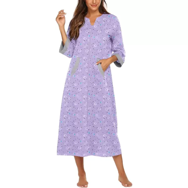 Ekouaer Women Zipper Robe 34 Sleeves Loungewear Dress Full Length Sleepwear Pockets Housecoat Nightgown Long BathrobeStyle 1pat23