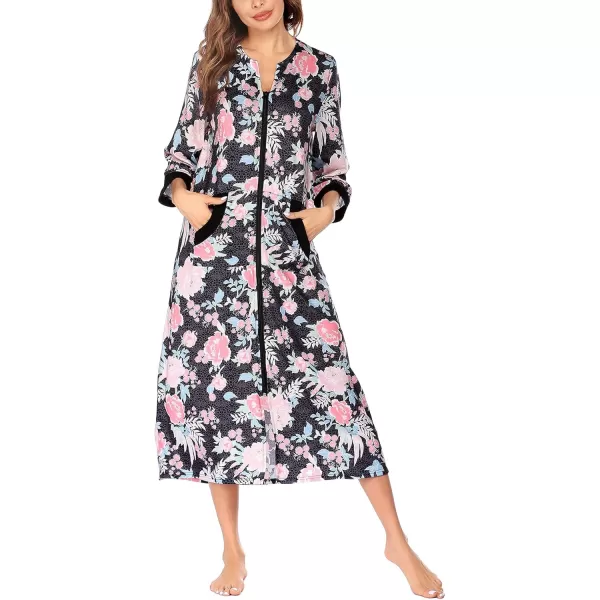 Ekouaer Women Zipper Robe 34 Sleeves Loungewear Dress Full Length Sleepwear Pockets Housecoat Nightgown Long BathrobeStyle 1pat4