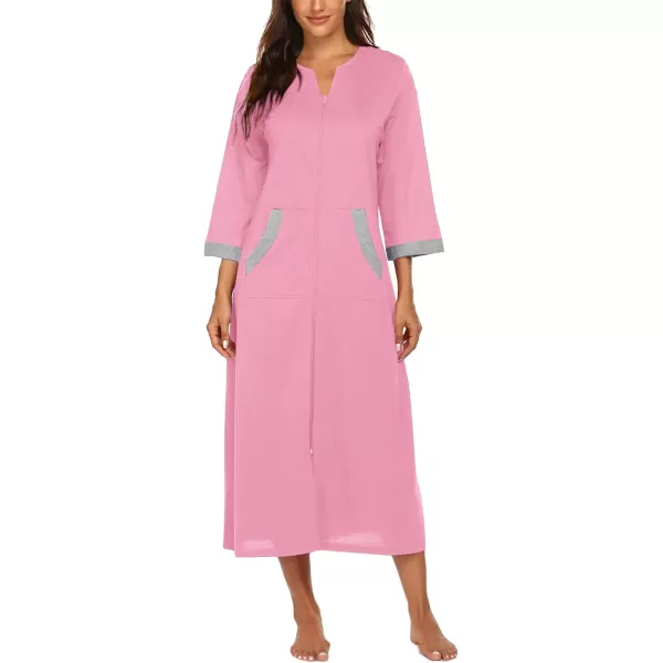 Ekouaer Women Zipper Robe 34 Sleeves Loungewear Dress Full Length Sleepwear Pockets Housecoat Nightgown Long BathrobeStyle 1pink