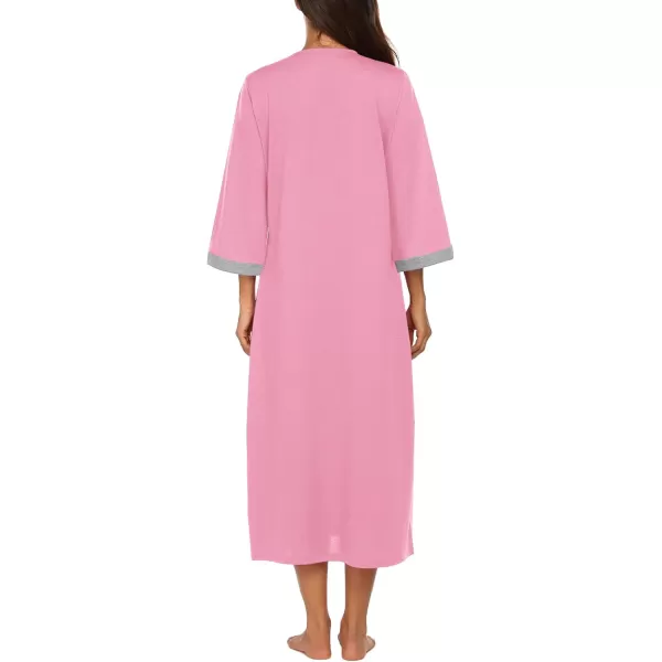 Ekouaer Women Zipper Robe 34 Sleeves Loungewear Dress Full Length Sleepwear Pockets Housecoat Nightgown Long BathrobeStyle 1pink