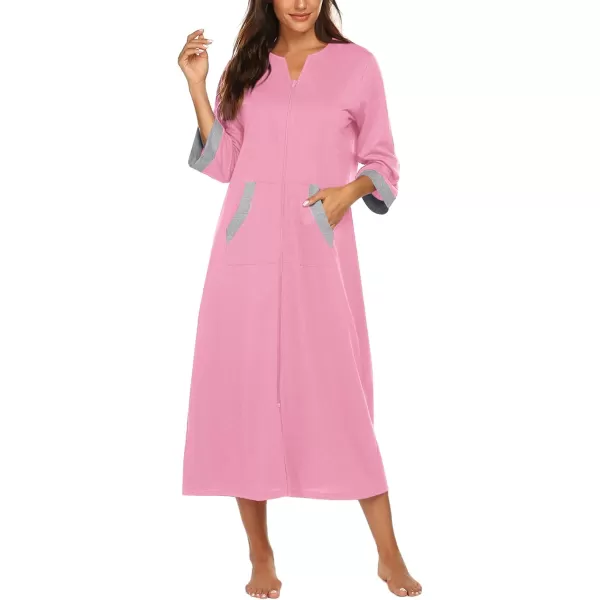 Ekouaer Women Zipper Robe 34 Sleeves Loungewear Dress Full Length Sleepwear Pockets Housecoat Nightgown Long BathrobeStyle 1pink