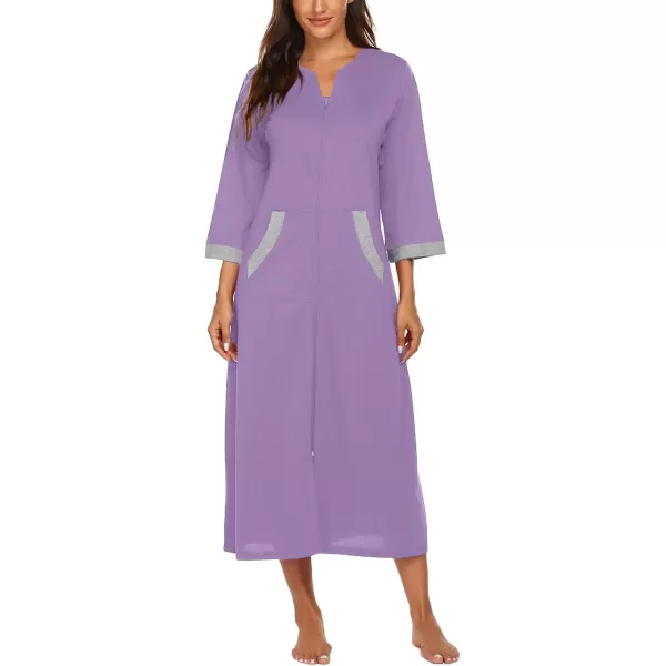 Ekouaer Women Zipper Robe 34 Sleeves Loungewear Dress Full Length Sleepwear Pockets Housecoat Nightgown Long BathrobeStyle 1purple