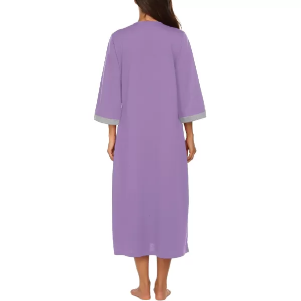 Ekouaer Women Zipper Robe 34 Sleeves Loungewear Dress Full Length Sleepwear Pockets Housecoat Nightgown Long BathrobeStyle 1purple