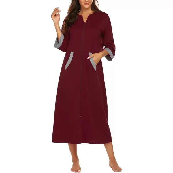 Ekouaer Women Zipper Robe 34 Sleeves Loungewear Dress Full Length Sleepwear Pockets Housecoat Nightgown Long BathrobeStyle 1wine Red