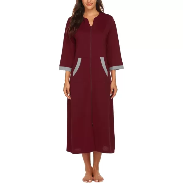 Ekouaer Women Zipper Robe 34 Sleeves Loungewear Dress Full Length Sleepwear Pockets Housecoat Nightgown Long BathrobeStyle 1wine Red