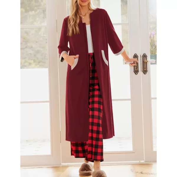 Ekouaer Women Zipper Robe 34 Sleeves Loungewear Dress Full Length Sleepwear Pockets Housecoat Nightgown Long BathrobeStyle 1wine Red