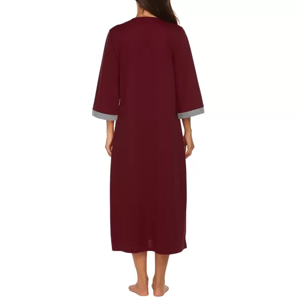 Ekouaer Women Zipper Robe 34 Sleeves Loungewear Dress Full Length Sleepwear Pockets Housecoat Nightgown Long BathrobeStyle 1wine Red