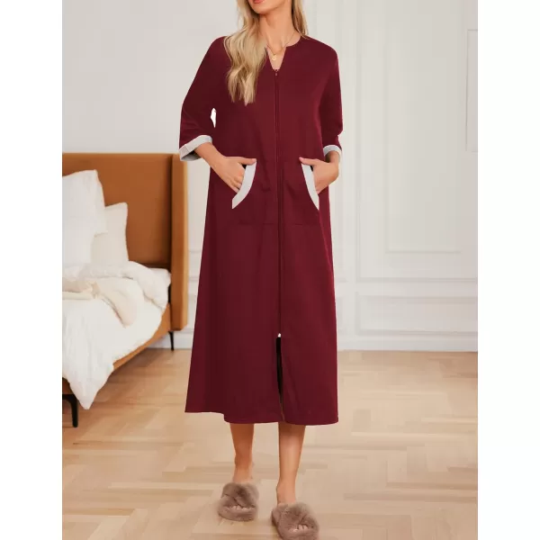 Ekouaer Women Zipper Robe 34 Sleeves Loungewear Dress Full Length Sleepwear Pockets Housecoat Nightgown Long BathrobeStyle 1wine Red