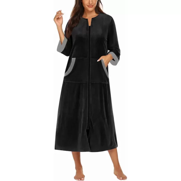 Ekouaer Women Zipper Robe 34 Sleeves Loungewear Dress Full Length Sleepwear Pockets Housecoat Nightgown Long BathrobeStyle 2velourblack