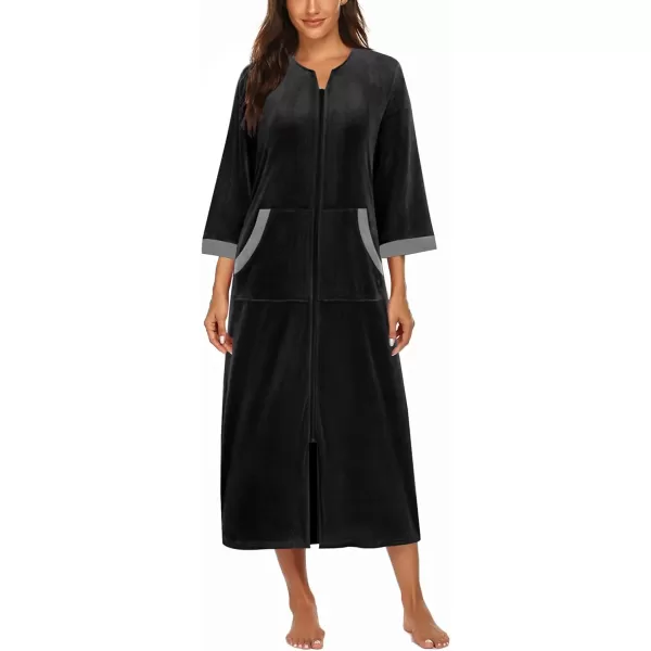 Ekouaer Women Zipper Robe 34 Sleeves Loungewear Dress Full Length Sleepwear Pockets Housecoat Nightgown Long BathrobeStyle 2velourblack