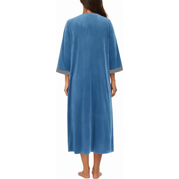 Ekouaer Women Zipper Robe 34 Sleeves Loungewear Dress Full Length Sleepwear Pockets Housecoat Nightgown Long BathrobeStyle 2velourblue