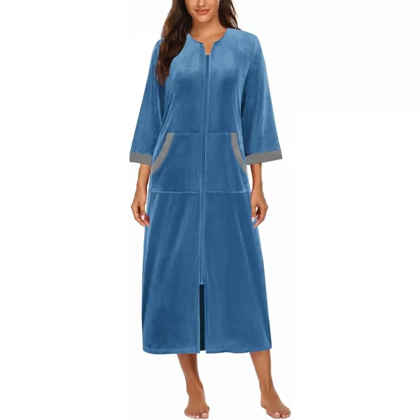 Ekouaer Women Zipper Robe 34 Sleeves Loungewear Dress Full Length Sleepwear Pockets Housecoat Nightgown Long BathrobeStyle 2velourblue