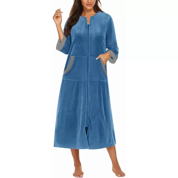 Ekouaer Women Zipper Robe 34 Sleeves Loungewear Dress Full Length Sleepwear Pockets Housecoat Nightgown Long BathrobeStyle 2velourblue