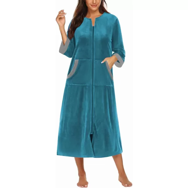 Ekouaer Women Zipper Robe 34 Sleeves Loungewear Dress Full Length Sleepwear Pockets Housecoat Nightgown Long BathrobeStyle 2velourblue2