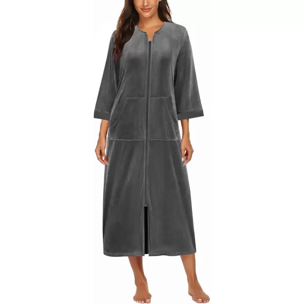 Ekouaer Women Zipper Robe 34 Sleeves Loungewear Dress Full Length Sleepwear Pockets Housecoat Nightgown Long BathrobeStyle 2velourgrey