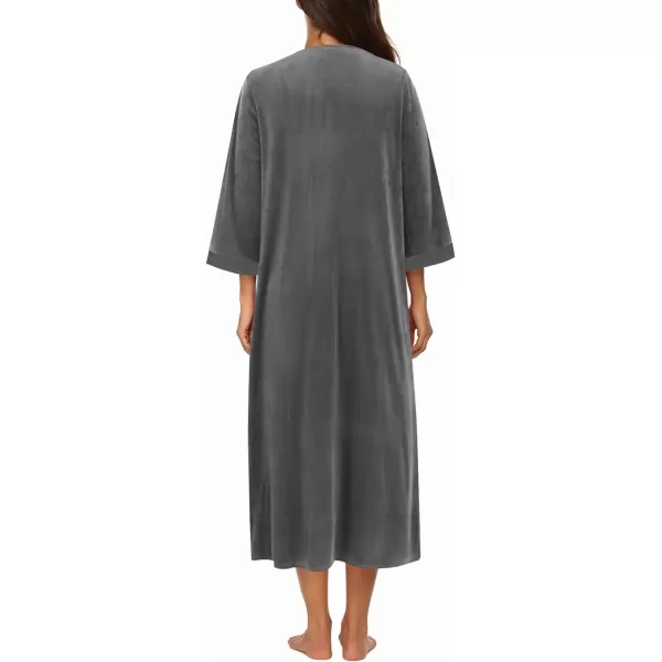 Ekouaer Women Zipper Robe 34 Sleeves Loungewear Dress Full Length Sleepwear Pockets Housecoat Nightgown Long BathrobeStyle 2velourgrey